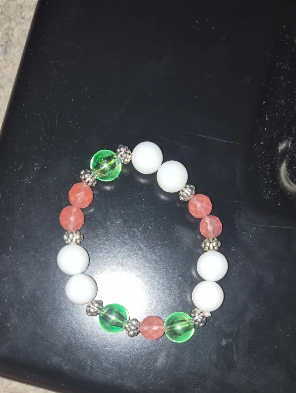 White, Green & Pink Beaded Stretch Bracelet